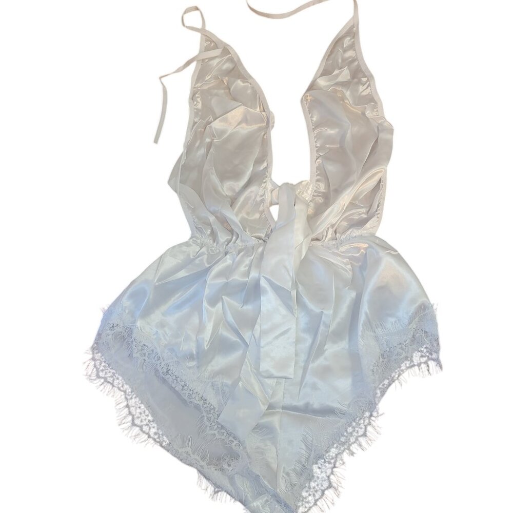 Sexy Teddy, White Satin, DeepV Front, Open Back, Trim Eyelash Lace, Belted.